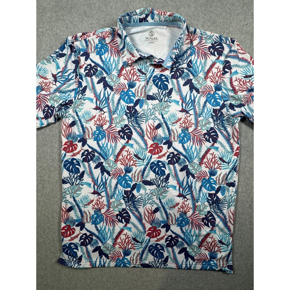 Scales Mens Performance Polo Shirt Tropical Reef Marlin Print White Blue Large